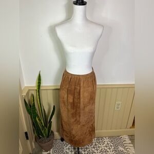 Vintage Camel Brown Suede Chic Maxi Skirt Elastic Waist Boho Casual Hippie S / M
